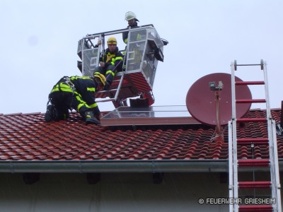 Die eingesetzten Wehrmänner arbeiteten auf dem Dach mit Absturzsicherungen.