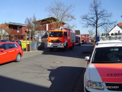 Der Kommandowagen und das Tanklöschfahrzeug standen mit weiteren Einsatzkräften in einem Bereitstellungsraum in der Schusterwörthstraße in Leeheim.