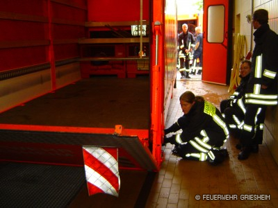 Im Feuerwehrhaus stand noch die Einweisung und der Betrieb der Ladebordwand des Abrollbehälter Nachschub für jeden Teilnehmer auf dem Programm.