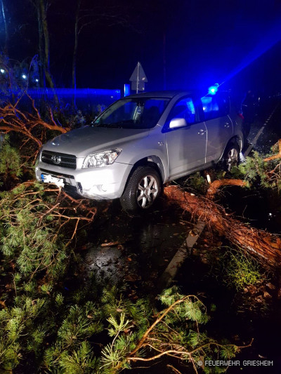 Glück hatte ein Fahrer, dem zwischen Griesheim und Pfungstadt ein Baum direkt vor das Auto gefallen ist. Eine Bremsung ist nicht mehr möglich gewesen, so dass er auf dem Baum hängen blieb.